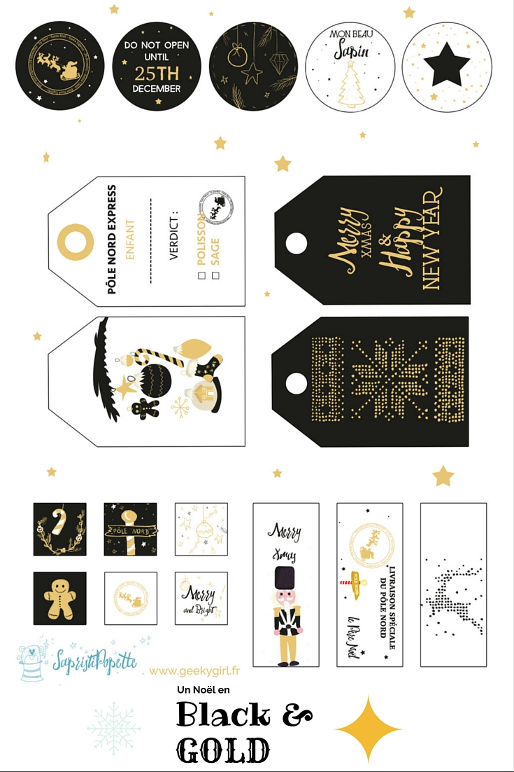 Etiquettes de Noel en noir et or à imprimer