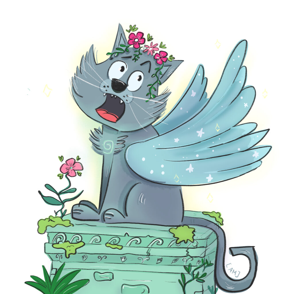 Féliplume, illustration d'une créature fantastique mi-chat mi-oiseau sur son rocher, gardienne de la nature